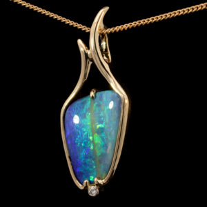 Yellow Gold Blue Green Yellow Solid Australian Boulder Opal and Diamond Necklace Pendant