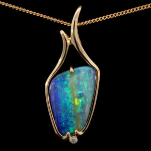 Yellow Gold Blue Green Yellow Solid Australian Boulder Opal and Diamond Necklace Pendant