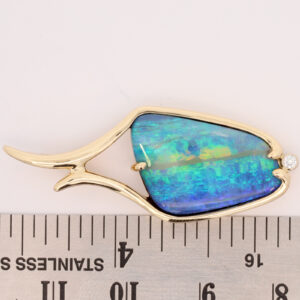 Yellow Gold Blue Green Yellow Solid Australian Boulder Opal and Diamond Necklace Pendant