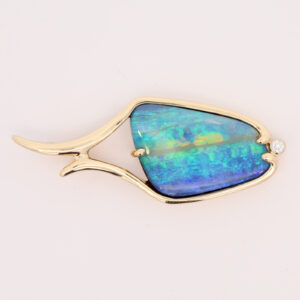 Yellow Gold Blue Green Yellow Solid Australian Boulder Opal and Diamond Necklace Pendant