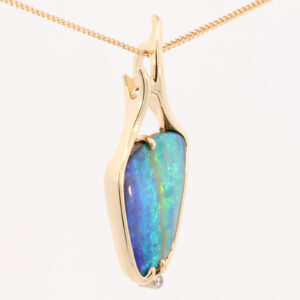 Yellow Gold Blue Green Yellow Solid Australian Boulder Opal and Diamond Necklace Pendant