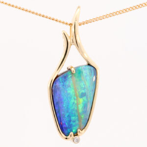 Yellow Gold Blue Green Yellow Solid Australian Boulder Opal and Diamond Necklace Pendant