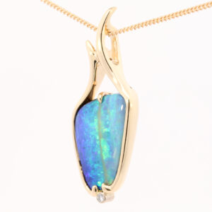 Yellow Gold Blue Green Yellow Solid Australian Boulder Opal and Diamond Necklace Pendant