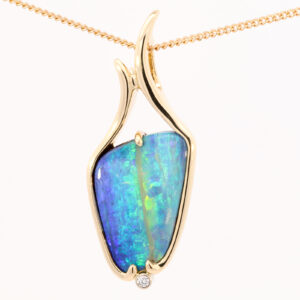 Yellow Gold Blue Green Yellow Solid Australian Boulder Opal and Diamond Necklace Pendant