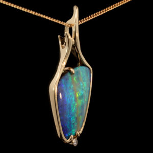 Yellow Gold Blue Green Yellow Solid Australian Boulder Opal and Diamond Necklace Pendant