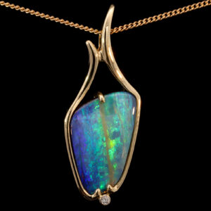 Yellow Gold Blue Green Yellow Solid Australian Boulder Opal and Diamond Necklace Pendant