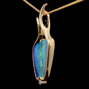 Yellow Gold Blue Green Yellow Solid Australian Boulder Opal and Diamond Necklace Pendant