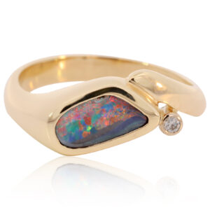 Yellow Gold Red Green Blue Orange Yellow Solid Australian Boulder Opal and Diamond Engagement Ring