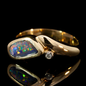 Yellow Gold Red Green Blue Orange Yellow Solid Australian Boulder Opal and Diamond Engagement Ring