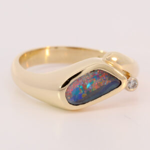 Yellow Gold Red Green Blue Orange Yellow Solid Australian Boulder Opal and Diamond Engagement Ring