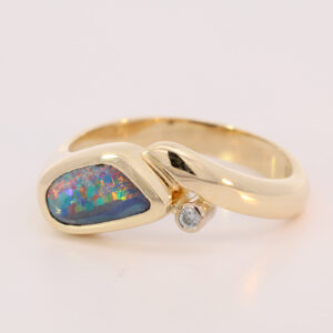 Yellow Gold Red Green Blue Orange Yellow Solid Australian Boulder Opal and Diamond Engagement Ring