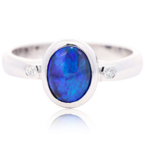 White Gold Blue Purple Green Solid Australian Boulder Opal and Diamond Engagement Ring