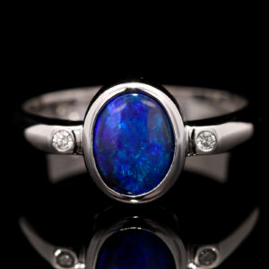 White Gold Blue Purple Green Solid Australian Boulder Opal and Diamond Engagement Ring