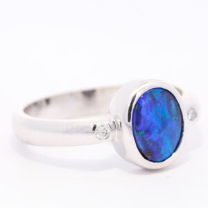 White Gold Blue Purple Green Solid Australian Boulder Opal and Diamond Engagement Ring