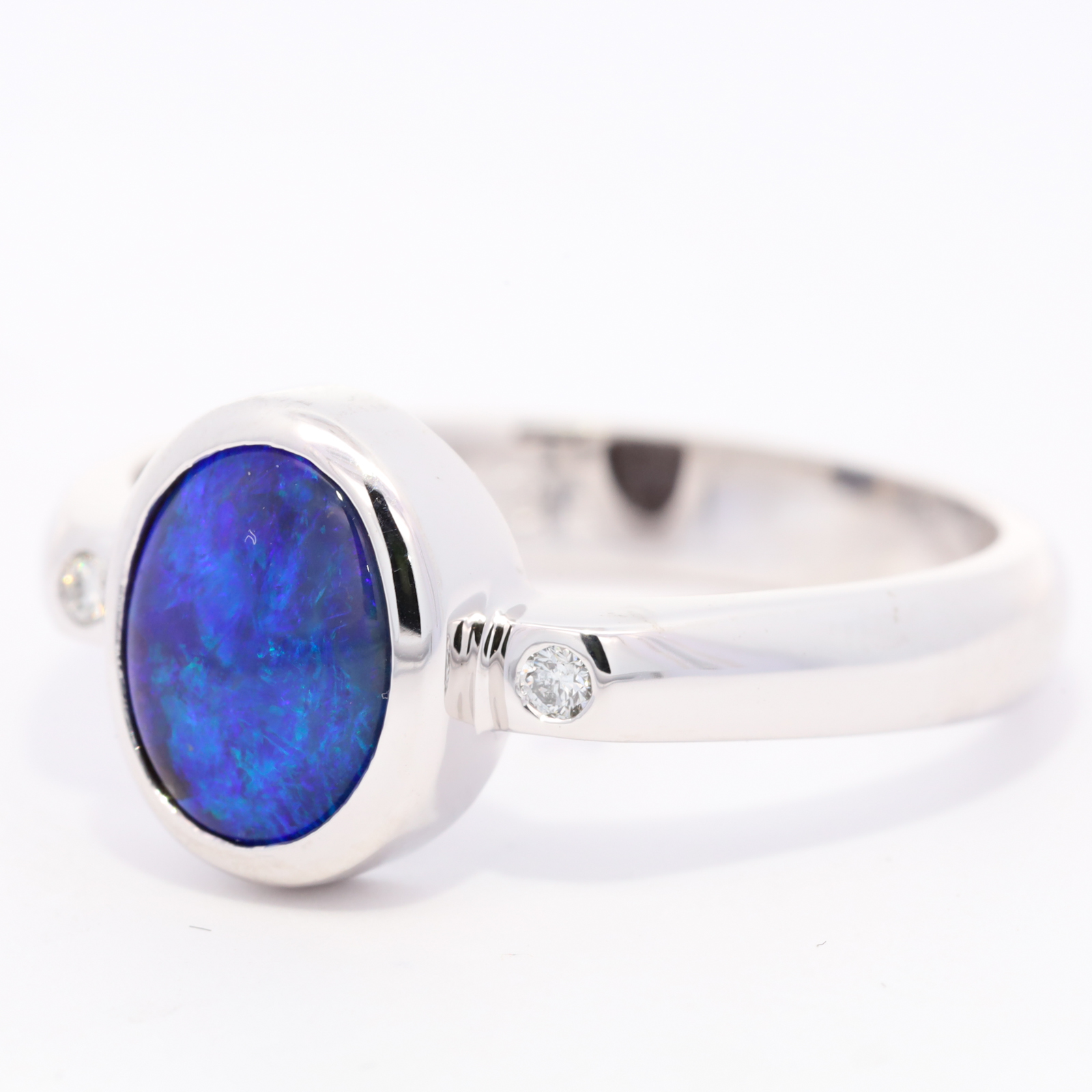 White Gold Blue Purple Green Solid Australian Boulder Opal and Diamond Engagement Ring