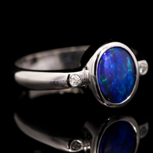 White Gold Blue Purple Green Solid Australian Boulder Opal and Diamond Engagement Ring