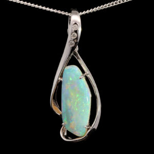 White Gold Green Blue Yellow Orange Solid Australian Crystal Opal and Diamond Necklace Pendant