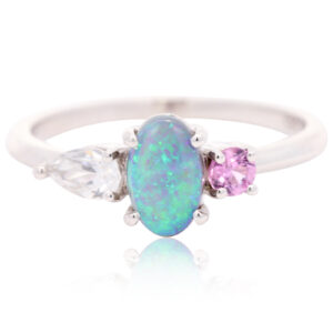 White Gold Blue Green Solid Australian Black Opal Diamond and Pink Sapphire Ring