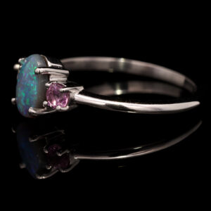 White Gold Blue Green Solid Australian Black Opal Diamond and Pink Sapphire Ring