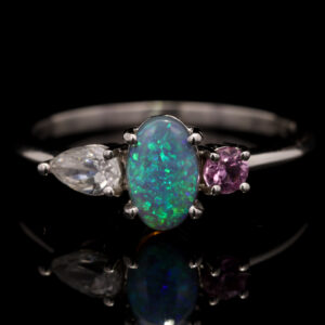 White Gold Blue Green Solid Australian Black Opal Diamond and Pink Sapphire Ring