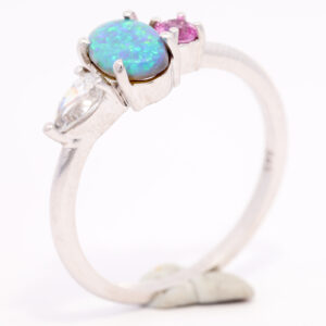 White Gold Blue Green Solid Australian Black Opal Diamond and Pink Sapphire Ring