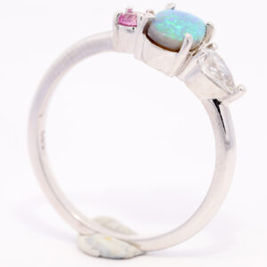 White Gold Blue Green Solid Australian Black Opal Diamond and Pink Sapphire Ring