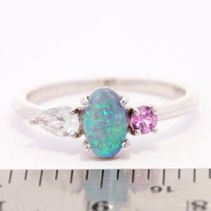 White Gold Blue Green Solid Australian Black Opal Diamond and Pink Sapphire Ring