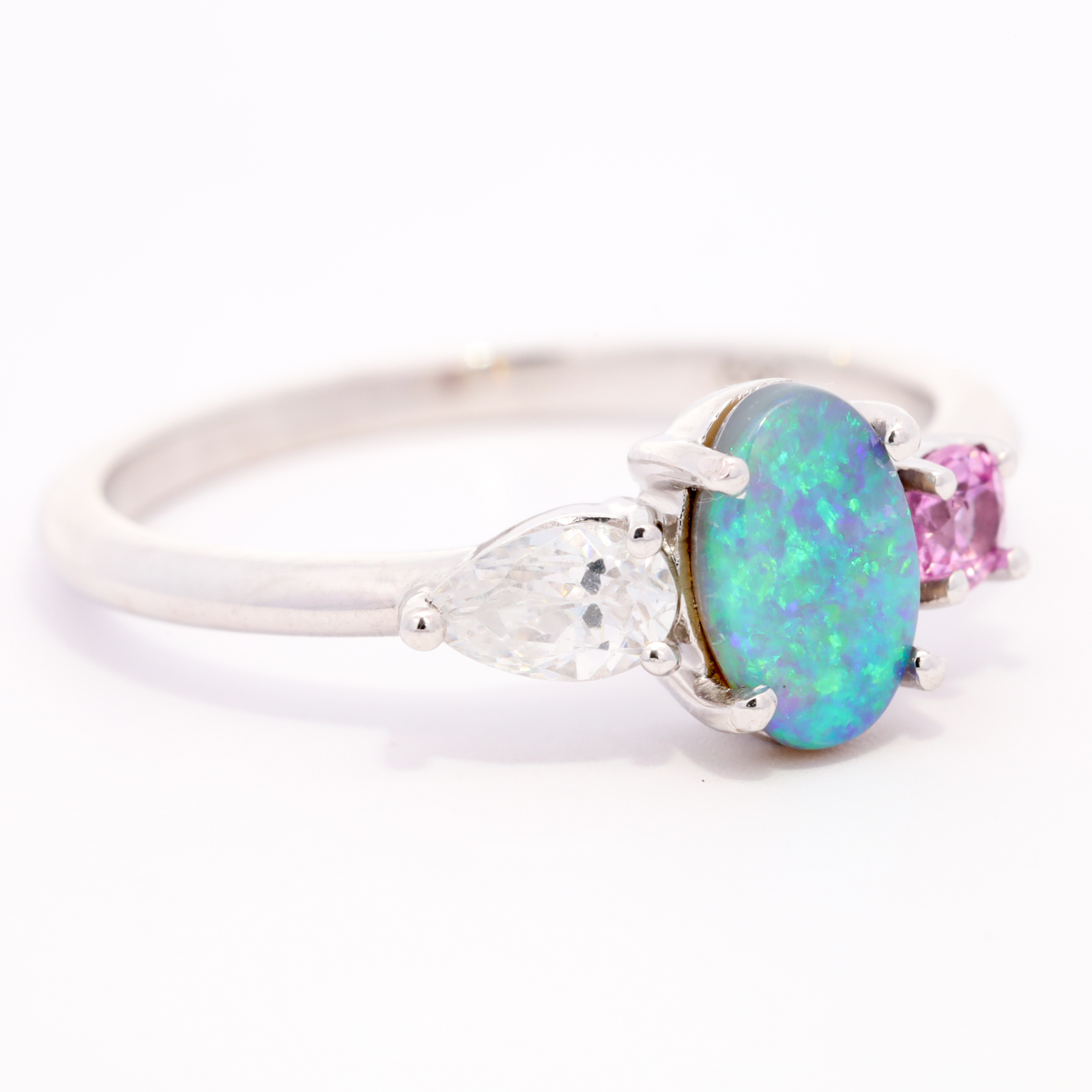 White Gold Blue Green Solid Australian Black Opal Diamond and Pink Sapphire Ring