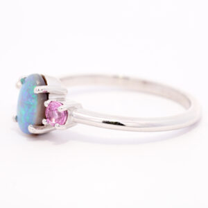 White Gold Blue Green Solid Australian Black Opal Diamond and Pink Sapphire Ring