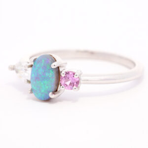 White Gold Blue Green Solid Australian Black Opal Diamond and Pink Sapphire Ring