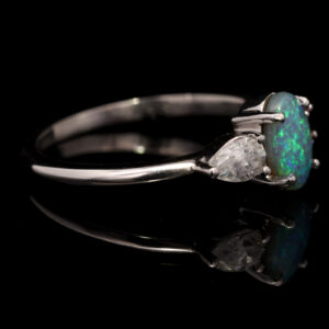 White Gold Blue Green Solid Australian Black Opal Diamond and Pink Sapphire Ring