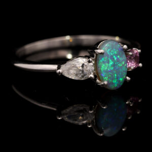 White Gold Blue Green Solid Australian Black Opal Diamond and Pink Sapphire Ring