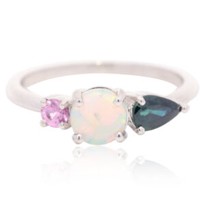 White Gold Blue Green Yellow Orange Pink Solid Australian Crystal Opal Sapphire and Pink Sapphire Ring