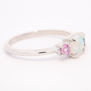 White Gold Blue Green Yellow Orange Pink Solid Australian Crystal Opal Sapphire and Pink Sapphire Ring