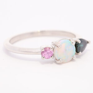 White Gold Blue Green Yellow Orange Pink Solid Australian Crystal Opal Sapphire and Pink Sapphire Ring