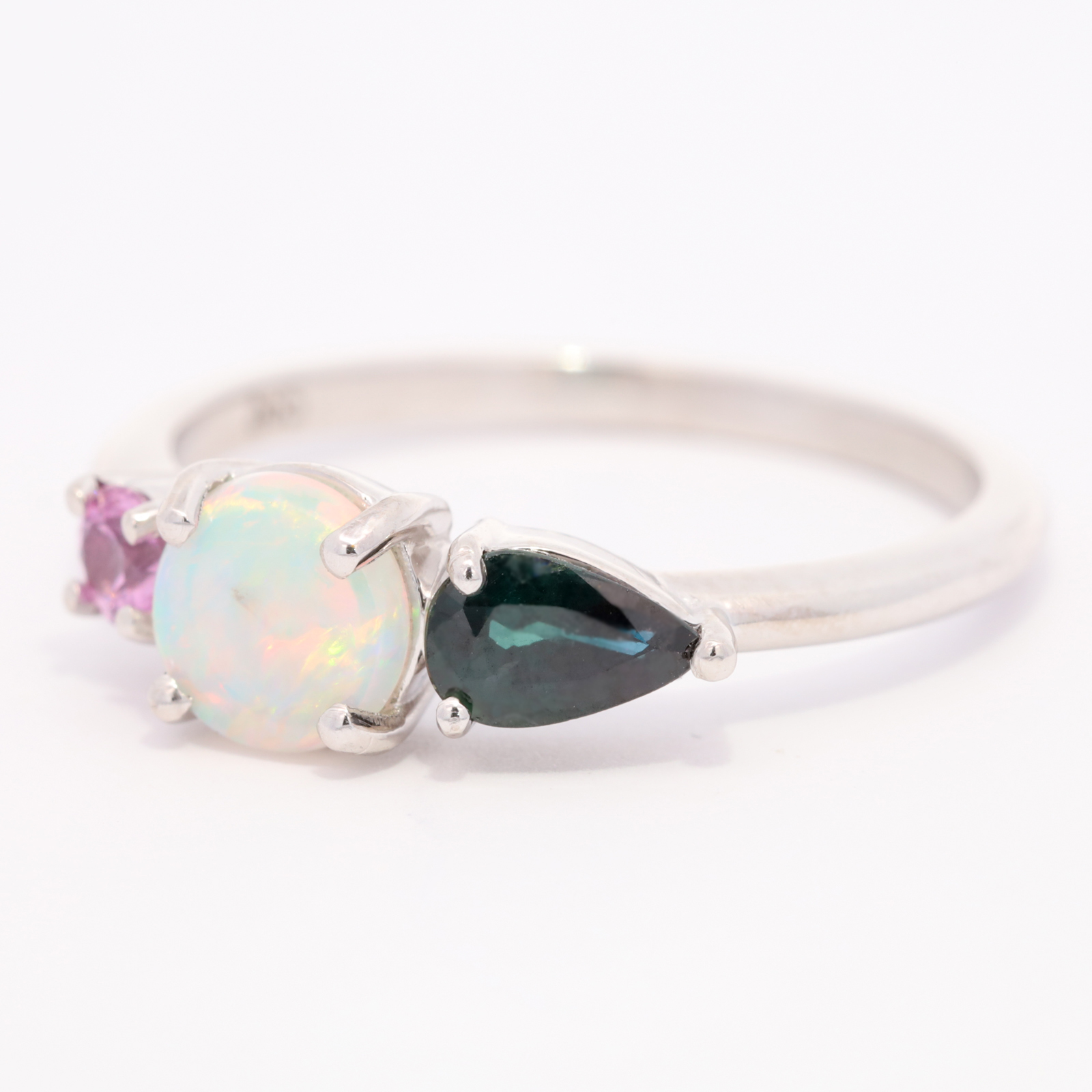 White Gold Blue Green Yellow Orange Pink Solid Australian Crystal Opal Sapphire and Pink Sapphire Ring