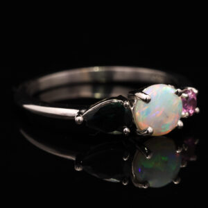 White Gold Blue Green Yellow Orange Pink Solid Australian Crystal Opal Sapphire and Pink Sapphire Ring