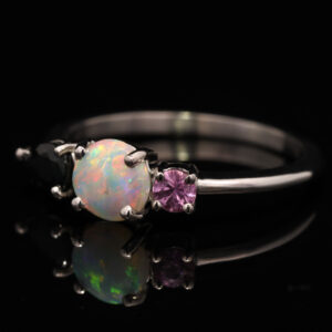 White Gold Blue Green Yellow Orange Pink Solid Australian Crystal Opal Sapphire and Pink Sapphire Ring