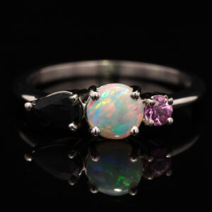 White Gold Blue Green Yellow Orange Pink Solid Australian Crystal Opal Sapphire and Pink Sapphire Ring