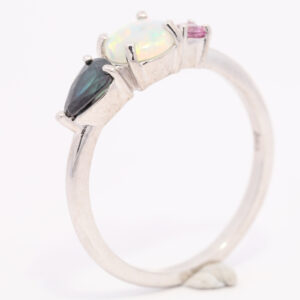 White Gold Blue Green Yellow Orange Pink Solid Australian Crystal Opal Sapphire and Pink Sapphire Ring