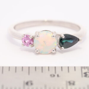 White Gold Blue Green Yellow Orange Pink Solid Australian Crystal Opal Sapphire and Pink Sapphire Ring