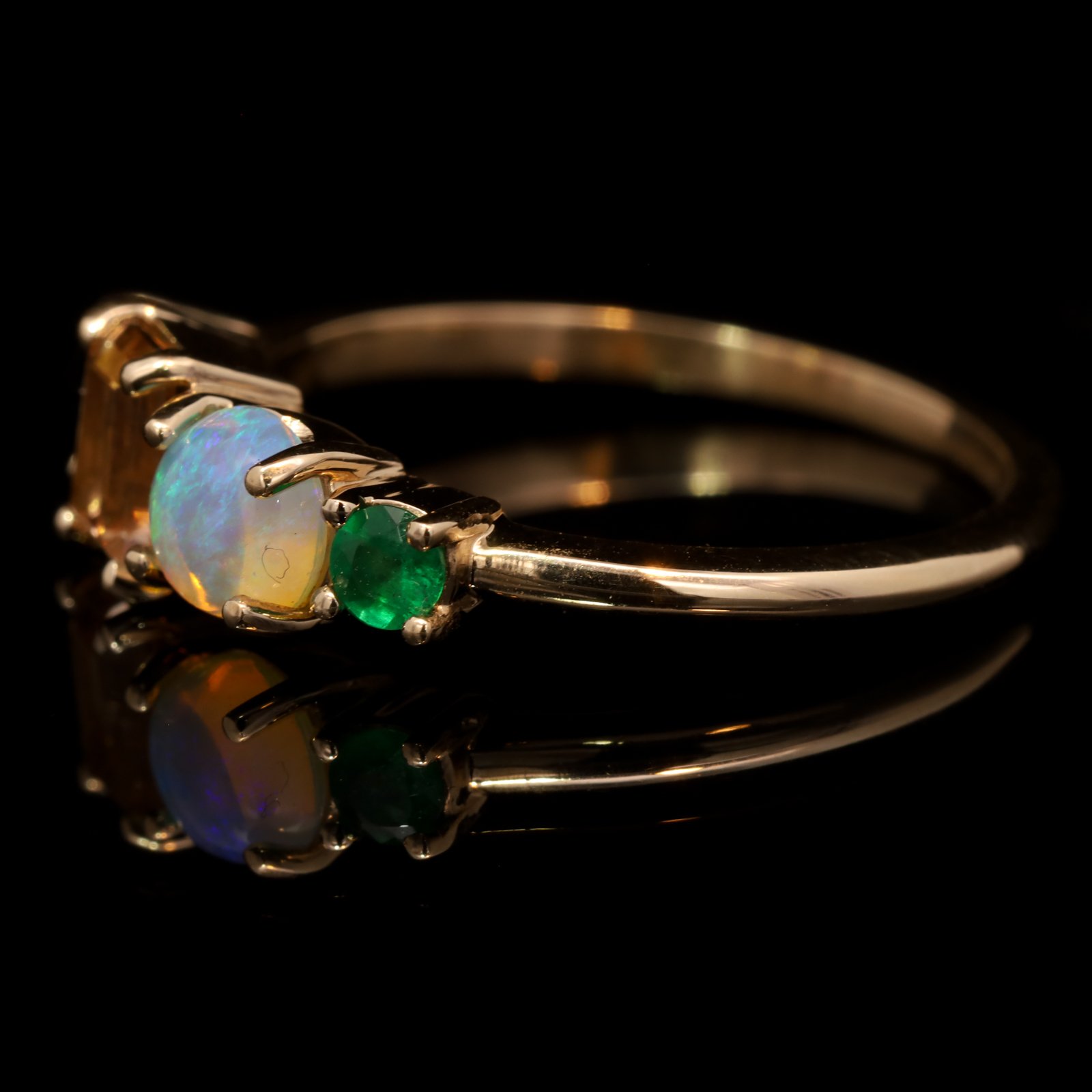 Yellow Gold Blue Green Solid Australian Crystal Opal Topaz Tourmaline and Emerald Ring