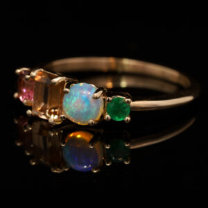 Yellow Gold Blue Green Solid Australian Crystal Opal Topaz Tourmaline and Emerald Ring