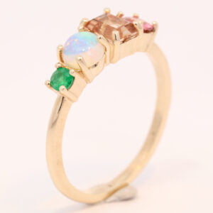 Yellow Gold Blue Green Solid Australian Crystal Opal Topaz Tourmaline and Emerald Ring