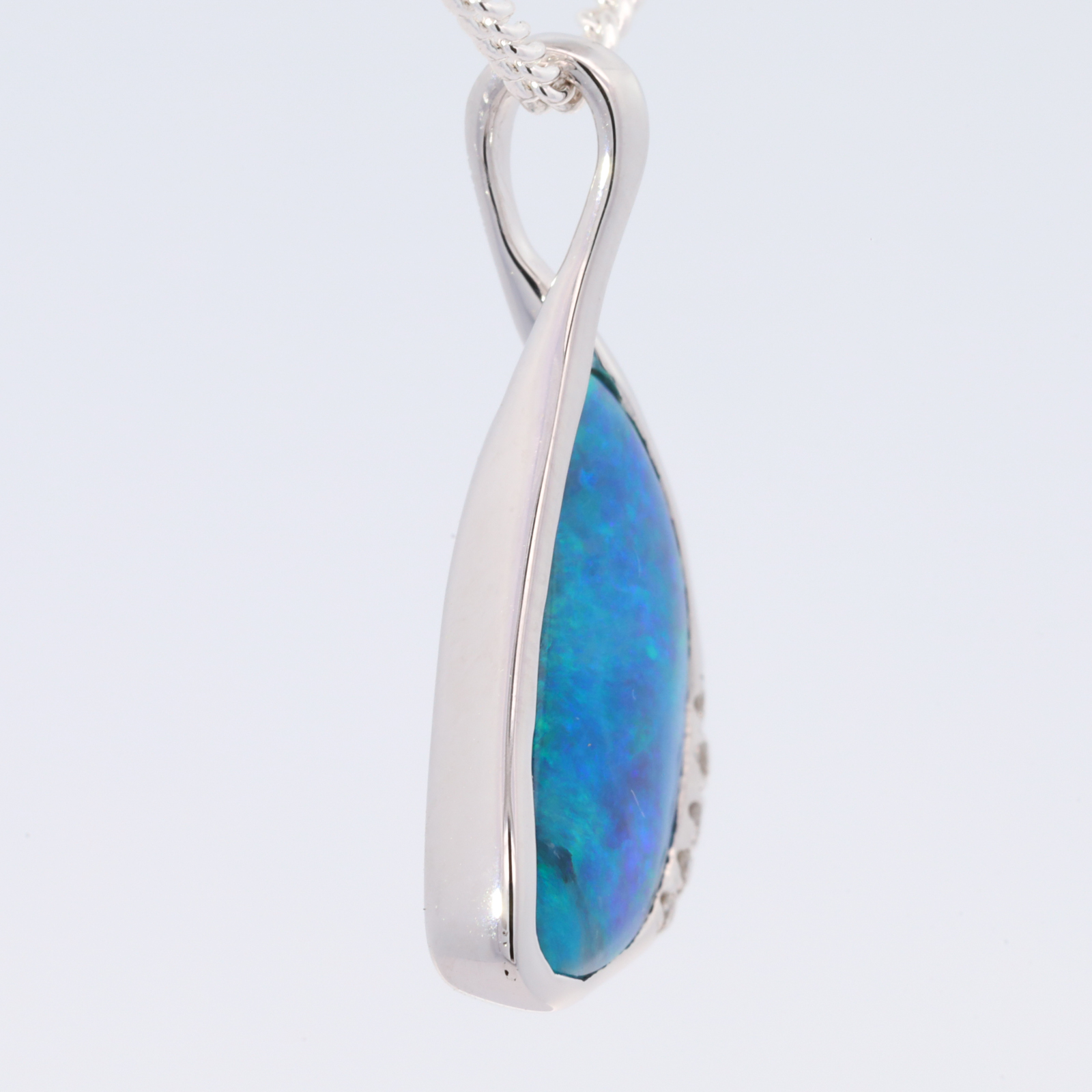 White Gold Blue Green Solid Australian Black Opal and Diamond Necklace Pendant