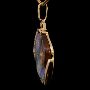 Yellow Gold Red Purple Pink Yellow Orange Green Blue Solid Australian Boulder Opal and Diamond Necklace Pendant