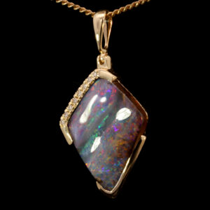 Yellow Gold Red Purple Pink Yellow Orange Green Blue Solid Australian Boulder Opal and Diamond Necklace Pendant