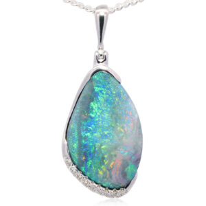 White Gold Blue Green Yellow Orange Pink Solid Australian Boulder Opal and Diamond Necklace Pendant