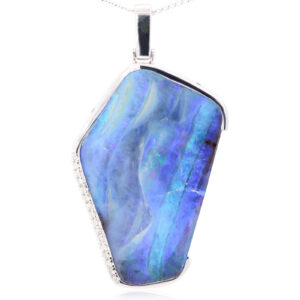 White Gold Blue Green Purple Solid Australian Boulder Opal and Diamond Necklace Pendant