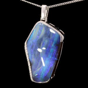 White Gold Blue Green Purple Solid Australian Boulder Opal and Diamond Necklace Pendant